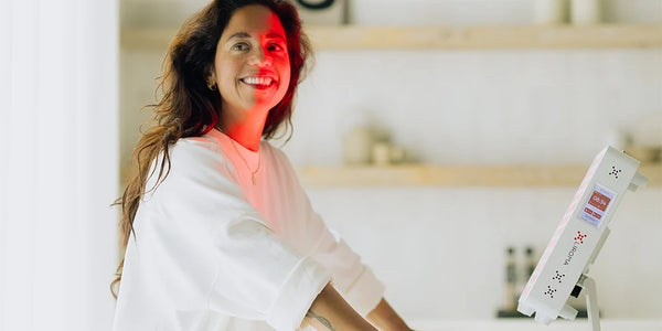 Vrouw behandelt zichzelf met de Liroma Compact roodlichtlamp op tafel