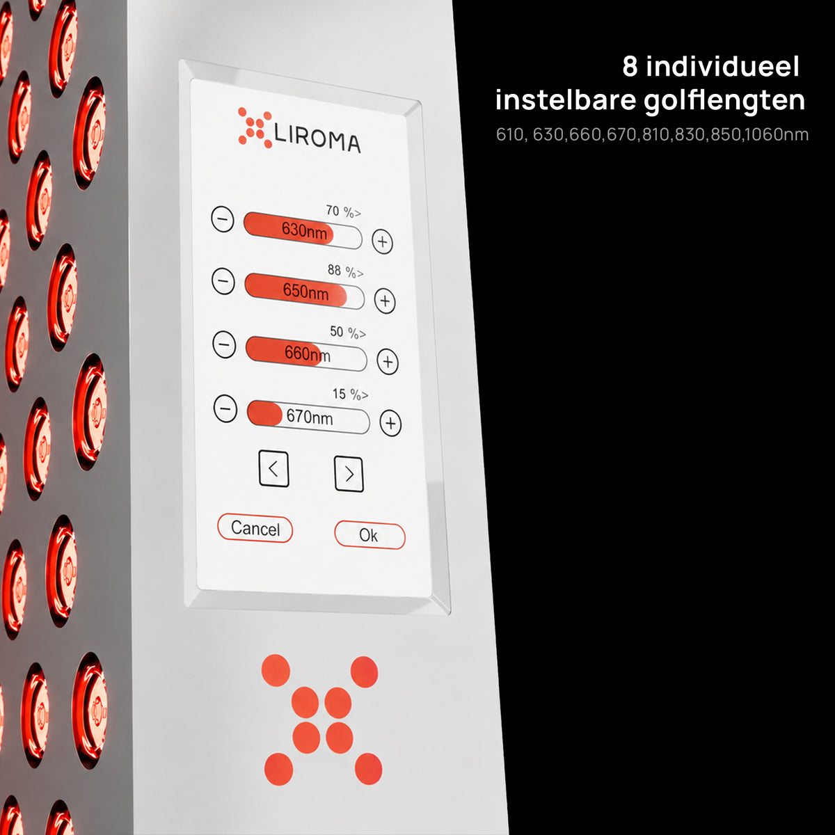 Touchscreen van de Liroma Compact Gen5 waarop de 8 golflengten afzonderlijk per procent instelbaar zijn