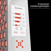 Touchscreen van de Liroma Compact Gen5 waarop de 8 golflengten afzonderlijk per procent instelbaar zijn