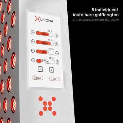 Touchscreen van de Liroma Compact Gen5 waarop de 8 golflengten afzonderlijk per procent instelbaar zijn