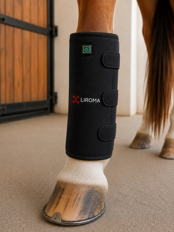 Liroma Flex om het onderbeen van een paard, vastgezet met drie klittenbandstraps
