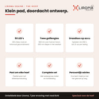 Overzicht van zes eigenschappen van The Hoof, van golflengtes tot opbergcase