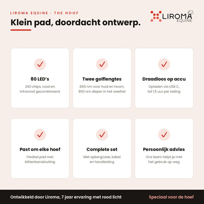 Overzicht van zes eigenschappen van The Hoof, van golflengtes tot opbergcase