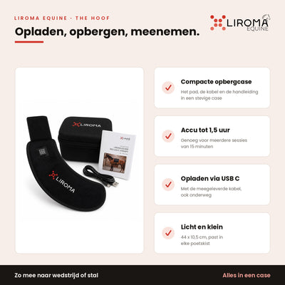 Plaat over opladen, opbergen en meenemen van The Hoof in de opbergcase