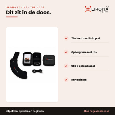 Overzicht van de doosinhoud van The Hoof: pad, case, USB C-kabel en handleiding