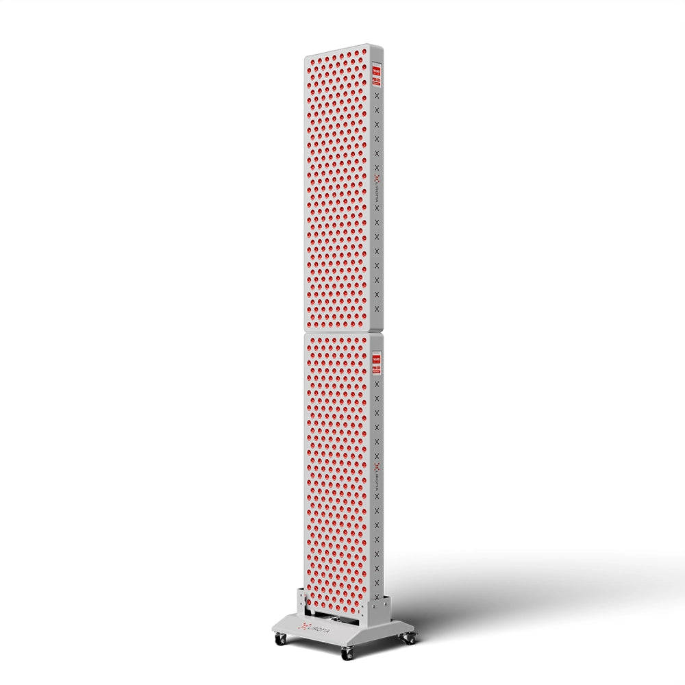 Liroma PrimeFORCE Multi Gen5 rood licht therapie paneel: twee panelen boven elkaar op een verrijdbare vloerstandaard