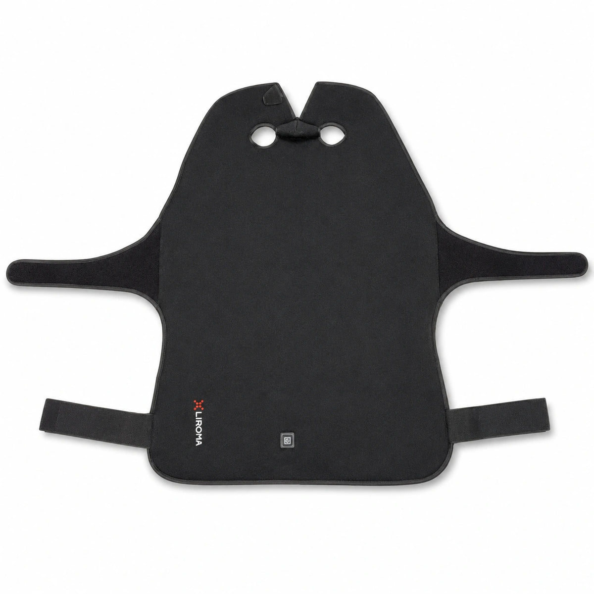 Buitenkant van The Poll in zwart fleece met LIROMA-logo en aan-uitknop
