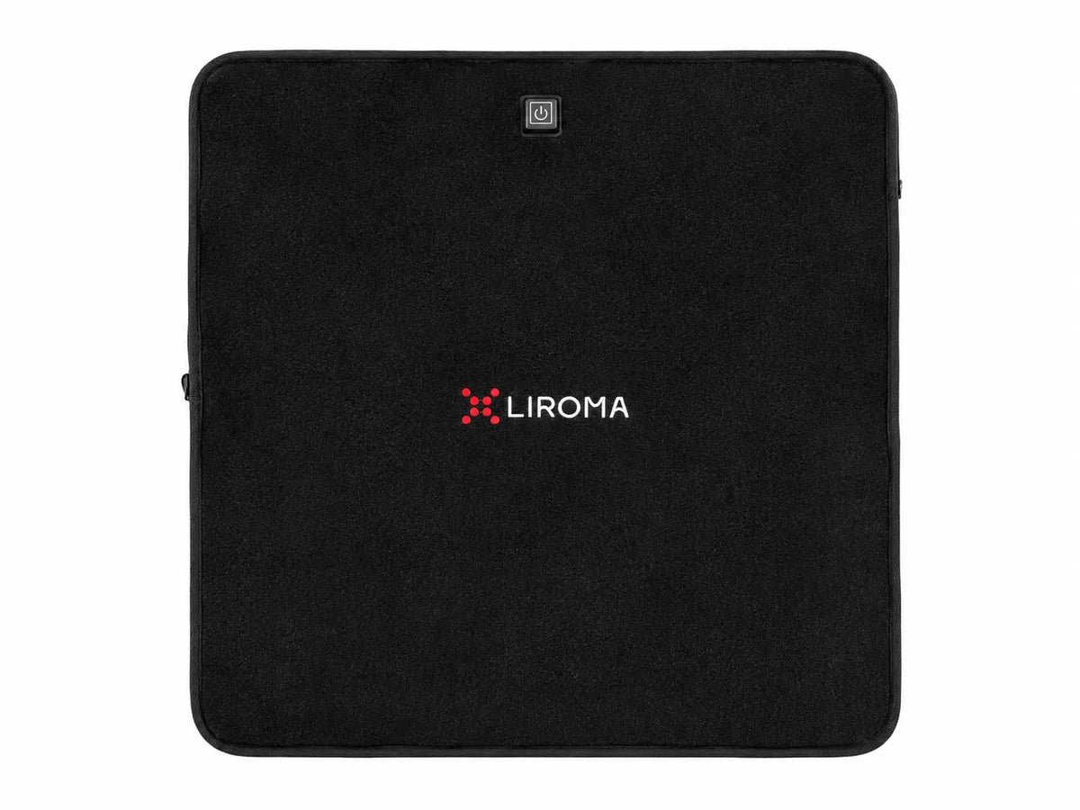 Buitenkant van de Liroma Flex: zwarte stof met logo en de aanknop bovenaan