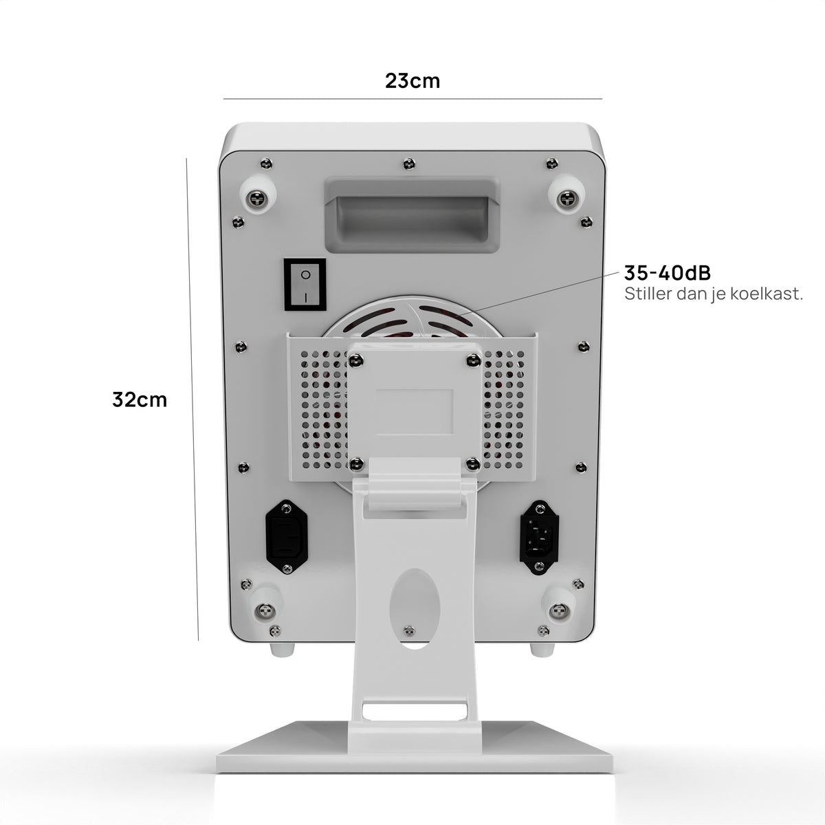 Achterkant van de Liroma Compact Gen5 roodlichtlamp met ventilator, aan-uitschakelaar en de afmetingen 32 bij 23 cm
