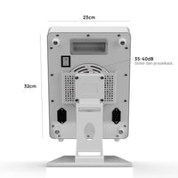 Achterkant van de Liroma Compact Gen5 roodlichtlamp met ventilator, aan-uitschakelaar en de afmetingen 32 bij 23 cm
