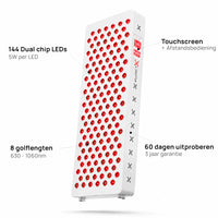 Kenmerken van de Liroma Advanced Gen5 roodlichtlamp: 144 dual chip leds van 5W, 8 golflengten van 630 tot 1060 nm en een touchscreen met afstandsbediening