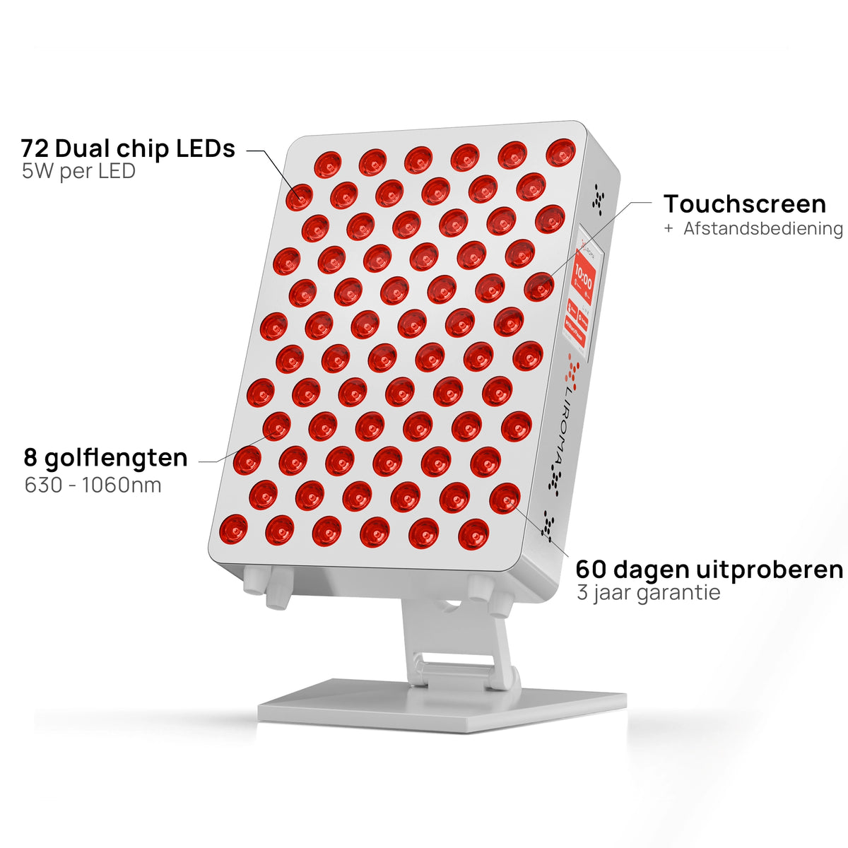 Kenmerken van de Liroma Compact Gen5 roodlichtlamp: 72 dual chip leds van 5W, 8 golflengten van 630 tot 1060 nm en een touchscreen met afstandsbediening
