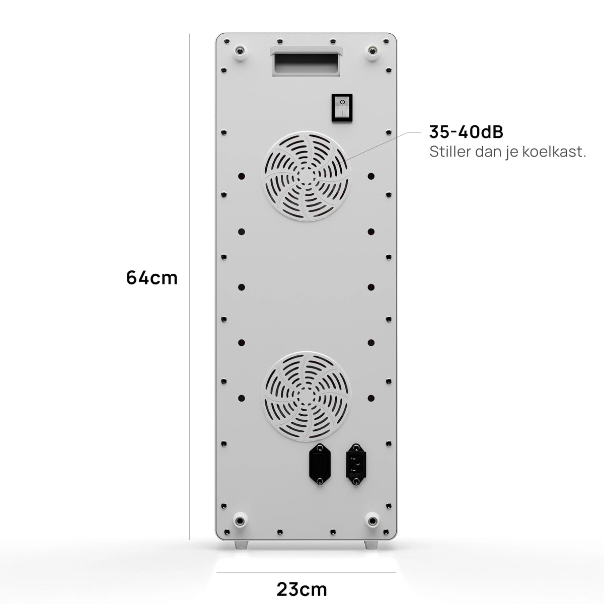Achterkant van de Liroma Advanced Gen5 met twee ventilatoren, aan-uitschakelaar en de afmetingen 64 bij 23 cm