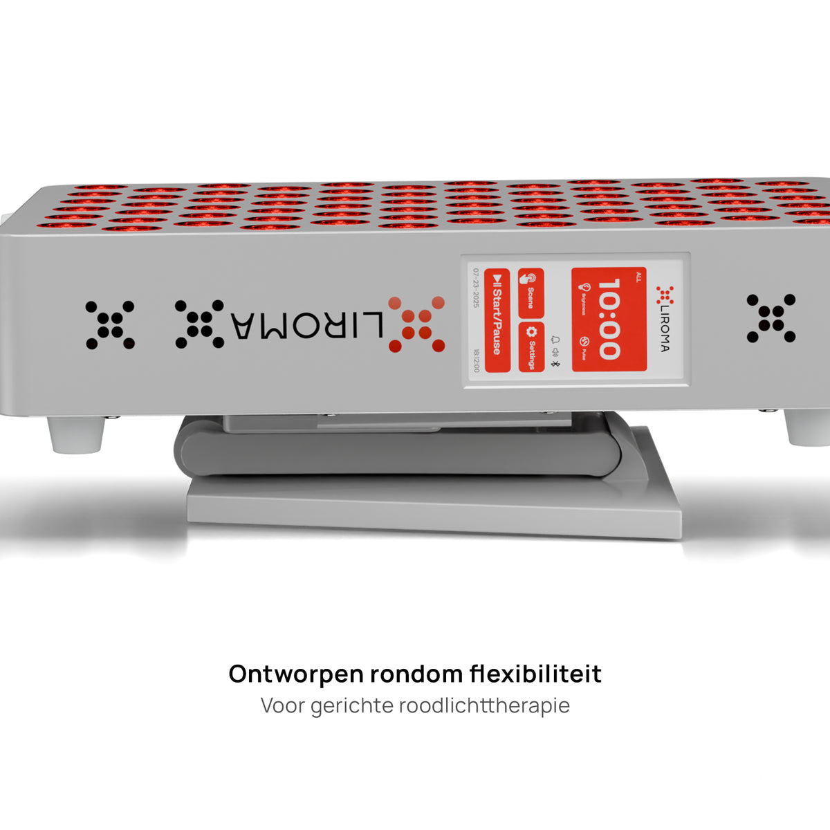 Liroma Compact Gen5 roodlichtlamp met ingeklapte standaard, plat neergelegd met het bedieningsscherm in beeld