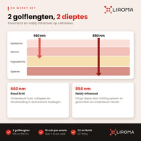 Doorsnede van de huidlagen die laat zien hoe diep 660 en 850 nm doordringen