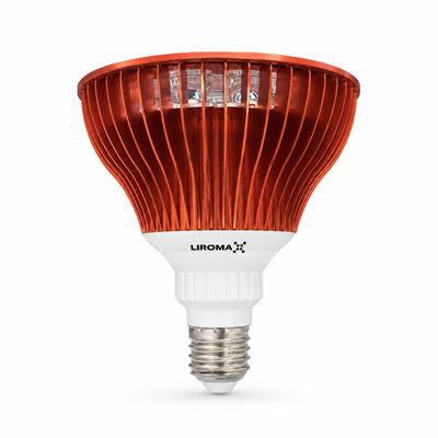 Zijaanzicht van de Liroma PrimeSpot roodlichtlamp met koelribben en E27-schroeffitting